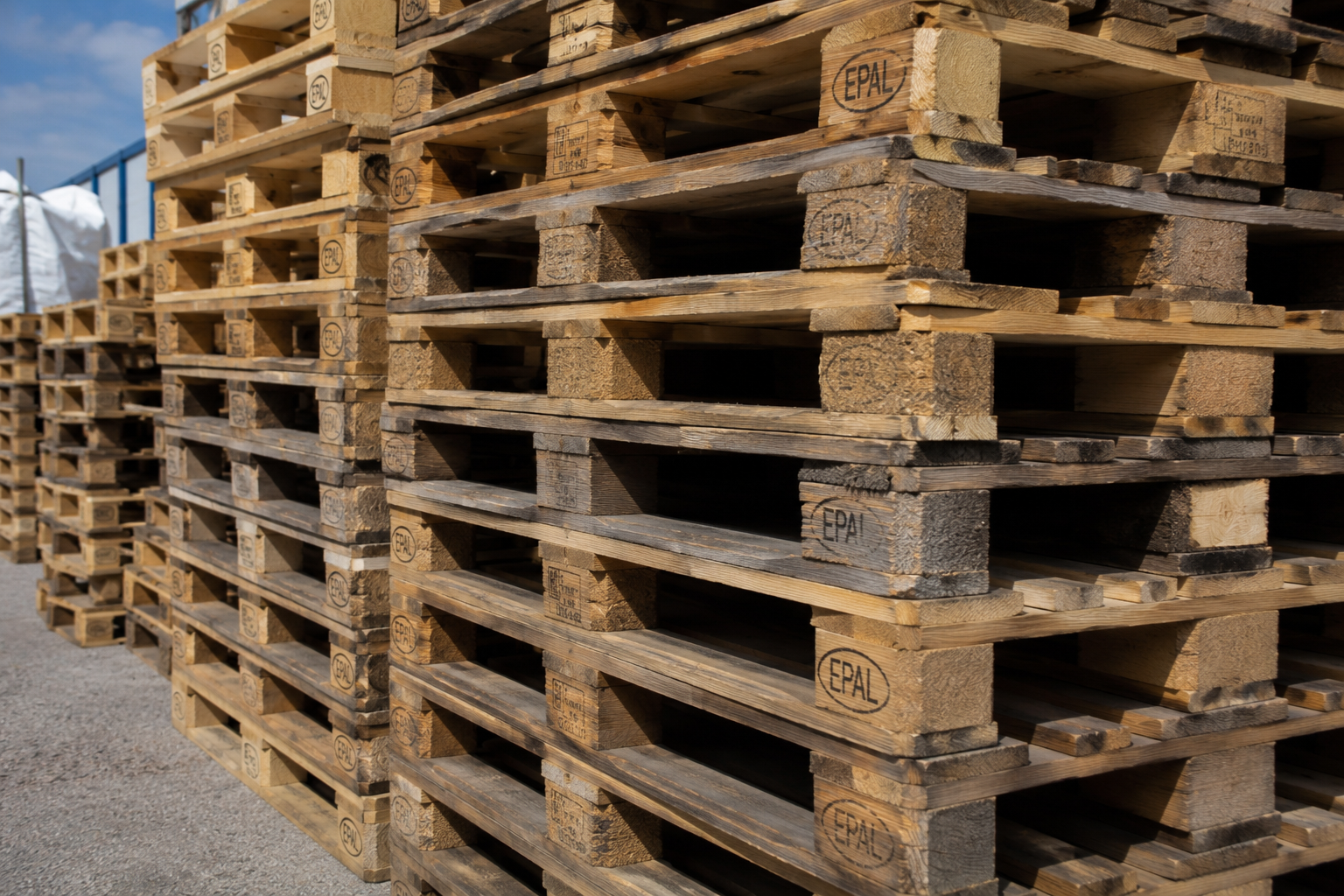 Close-up of stacked EPAL-stamped Euro wooden pallets in a yard