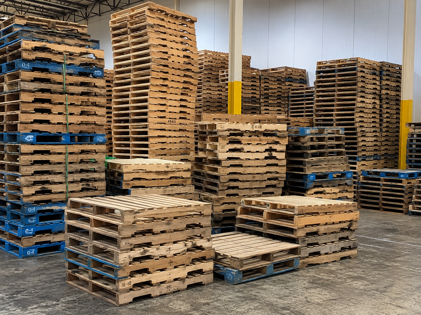 Sorted stacks of reclaimed and pooled pallets organized inside a recycling facility