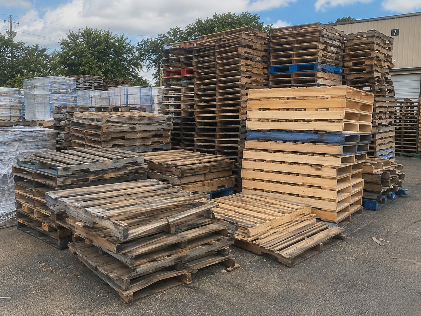 The PalletsRecyclingUSA yard in Woods Cross, Utah, stacked with reclaimed pallets under an open sky
